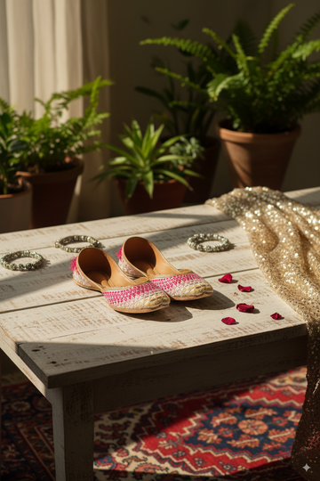 Pink & Gold Punjabi Jutti — Handwoven Design