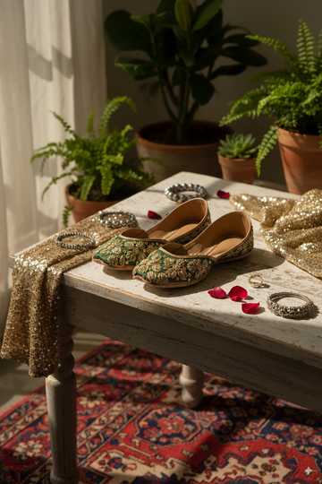 Green & Gold Punjabi Jutti with Heavy Floral Embroidery