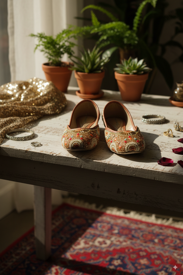 Golden Beaded Punjabi Jutti with Multicolor Detailing