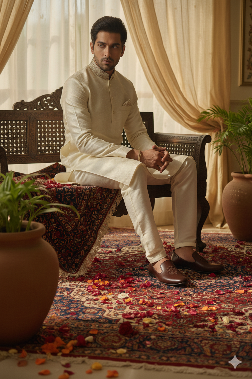 Classic Brown Textured Punjabi Jutti with Crest Embroidery