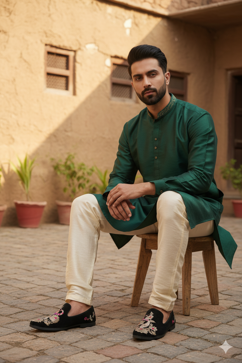 Black Velvet Punjabi Jutti with Peacock Embroidery