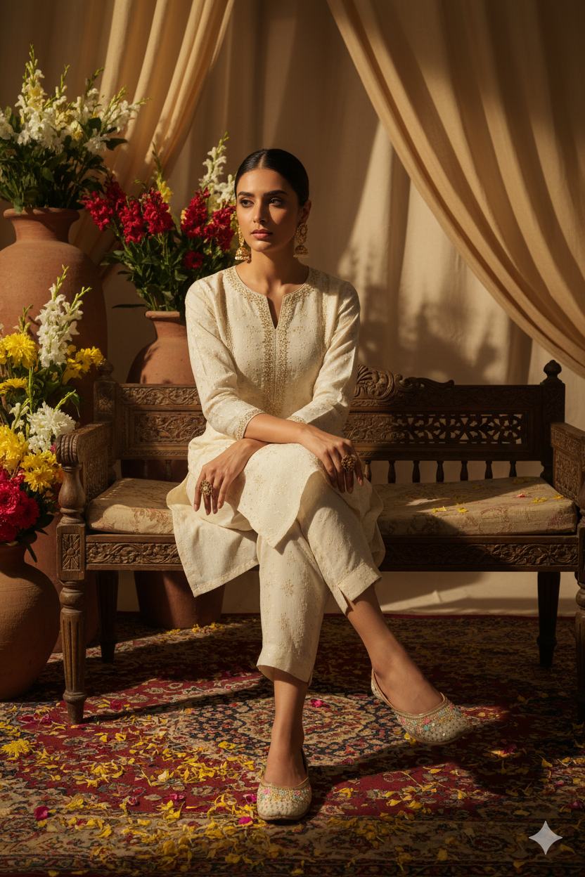 Golden Punjabi Jutti with Blue Peacock Motif