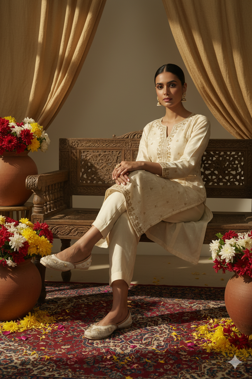 Classic Ivory Punjabi Jutti with Delicate Bead Embroidery