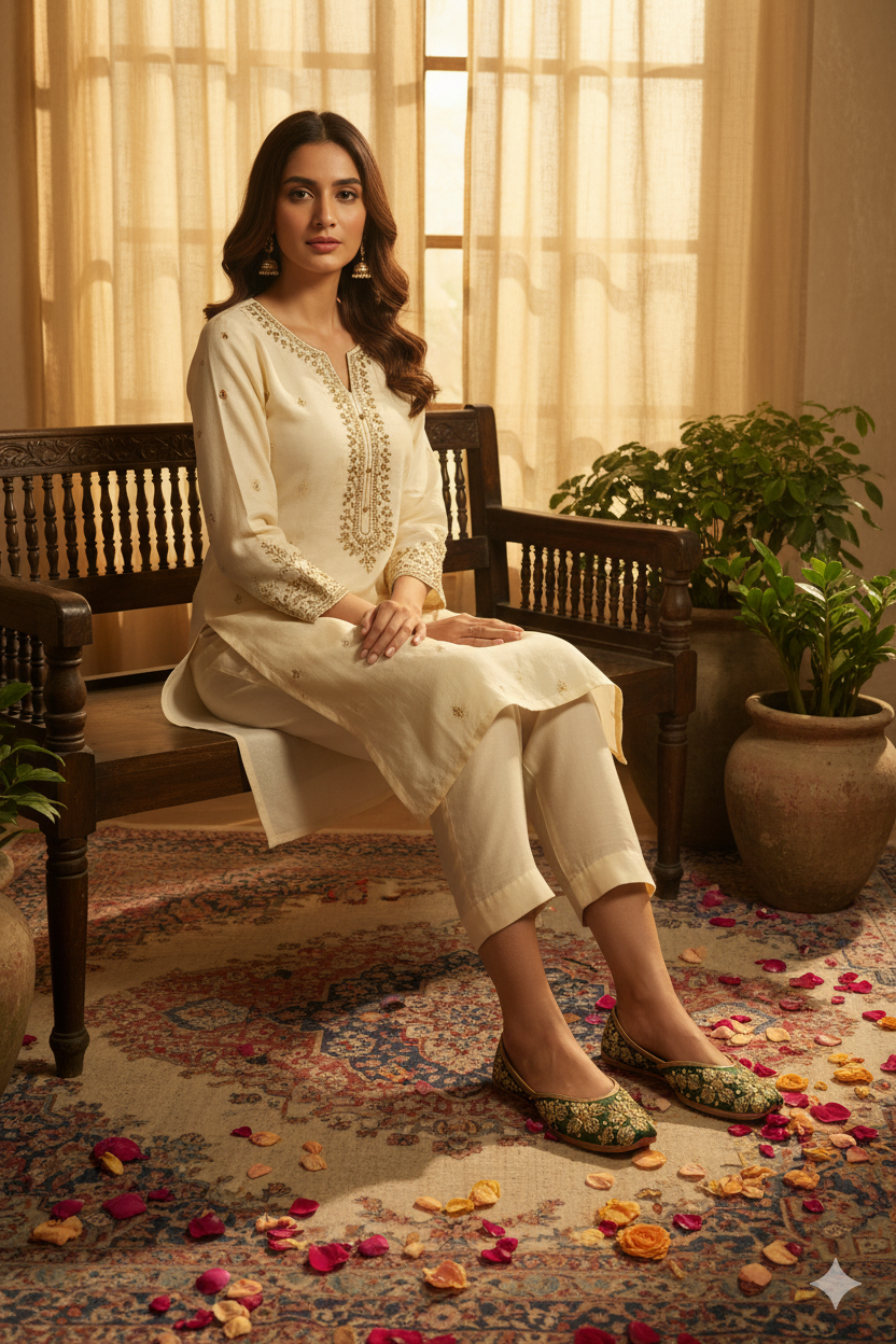 Green & Gold Punjabi Jutti with Heavy Floral Embroidery