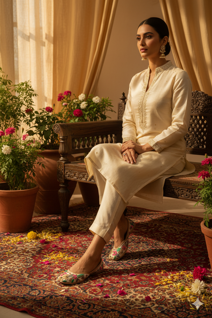 Ivory Punjabi Jutti with Multicolor Floral Embroidery