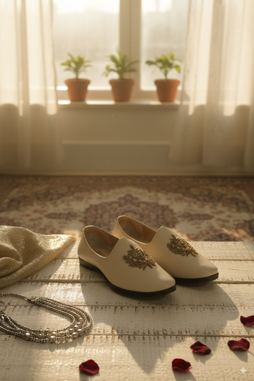 Ivory Punjabi Jutti with 3D Floral Embroidery