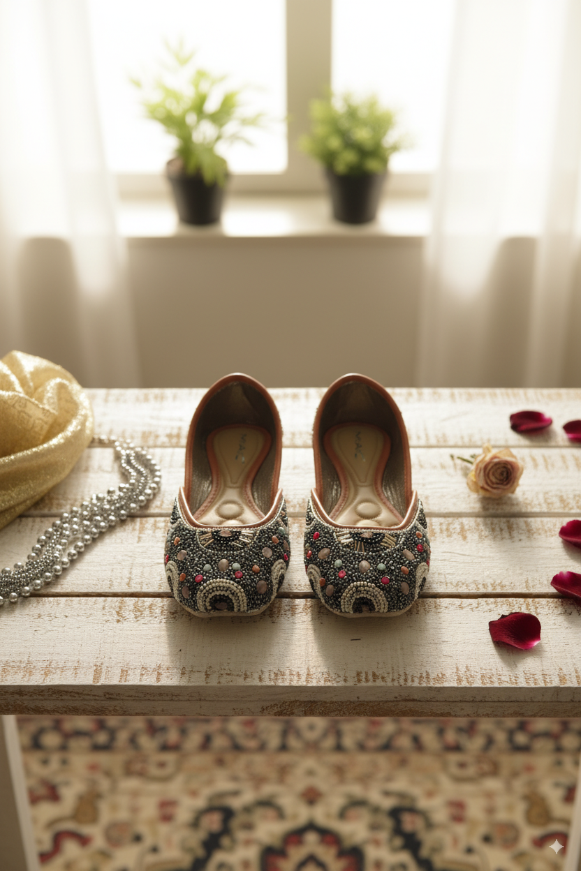 Black Beaded Punjabi Jutti with Pearl & Stone Detailing