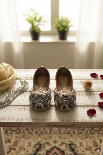 Black Beaded Punjabi Jutti with Pearl & Stone Detailing