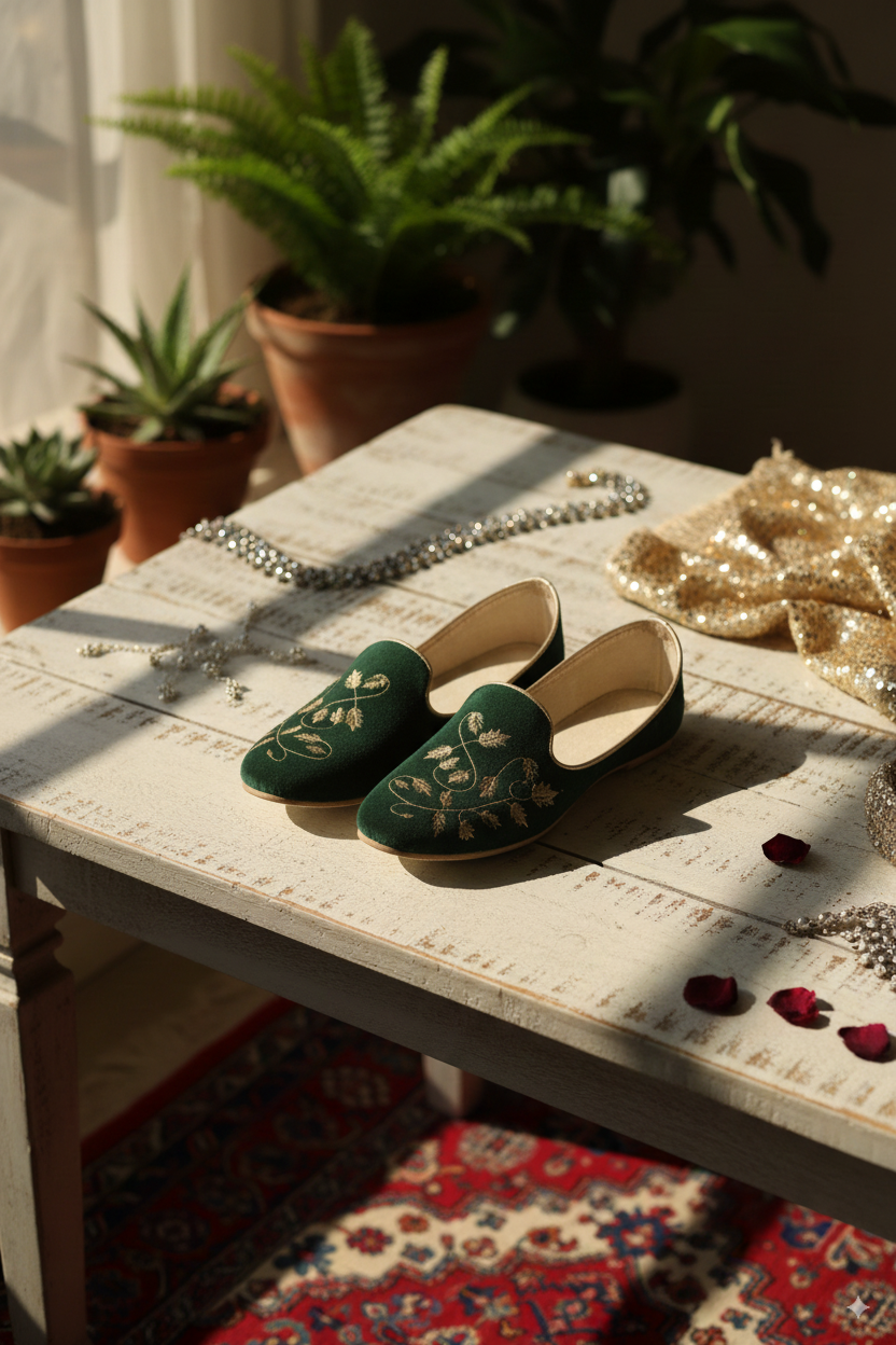 Emerald Green Punjabi Jutti with Golden Embroidery