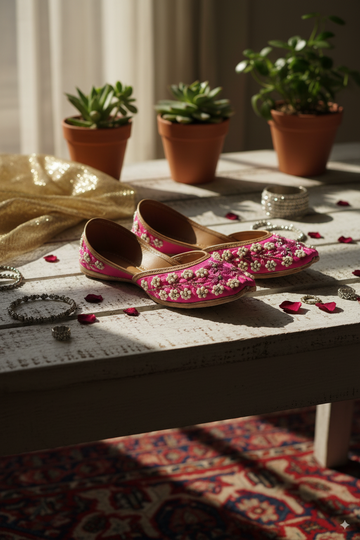 Pink Floral Punjabi Jutti with Hand Embroidery
