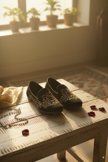 Black Punjabi Jutti with Golden Floral Embroidery