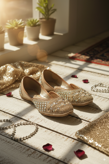 Golden Punjabi Jutti with Teardrop Stone Embroidery