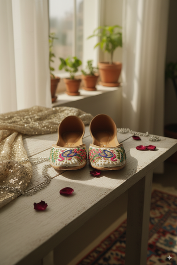 Ivory Punjabi Jutti with Peacock Embroidery