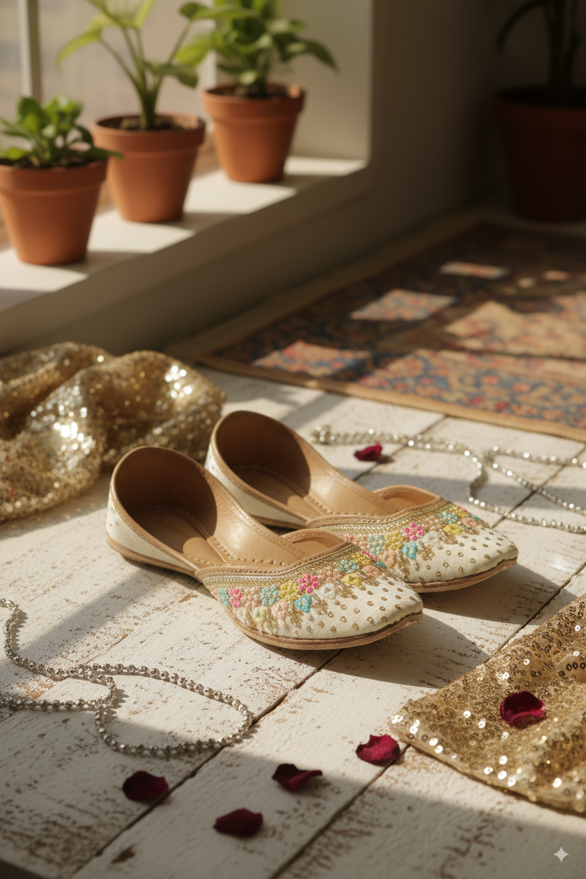 Golden Punjabi Jutti with Blue Peacock Motif