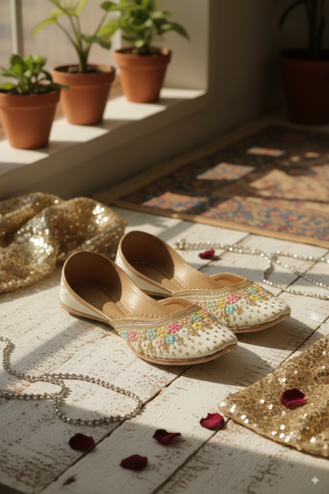 Golden Punjabi Jutti with Blue Peacock Motif