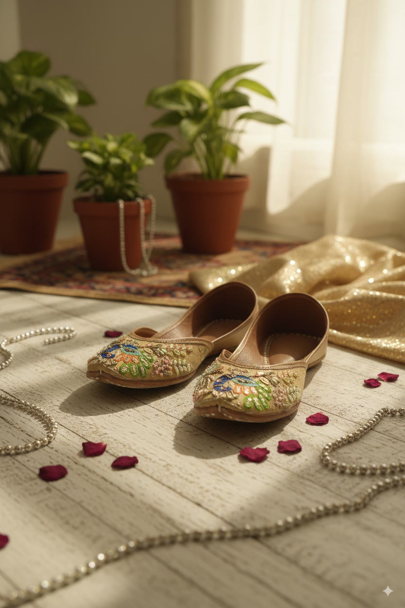 Beige Punjabi Jutti with Multicolor Embroidered Peacocks