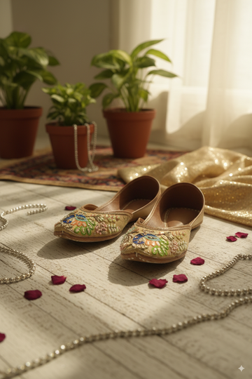 Beige Punjabi Jutti with Multicolor Embroidered Peacocks