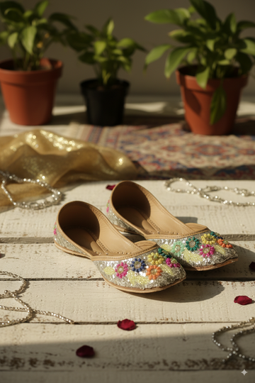 Silver Sequin Punjabi Jutti with Multicolor Floral Embroidery