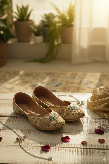 Golden Punjabi Jutti with Pastel Floral Embroidery