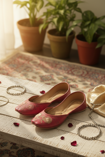 Red Leather Punjabi Jutti with Traditional Embroidery