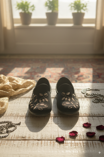 Black Beaded Punjabi Jutti with Multicolor Stones