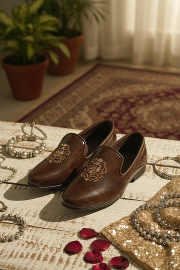 Classic Brown Textured Punjabi Jutti with Crest Embroidery