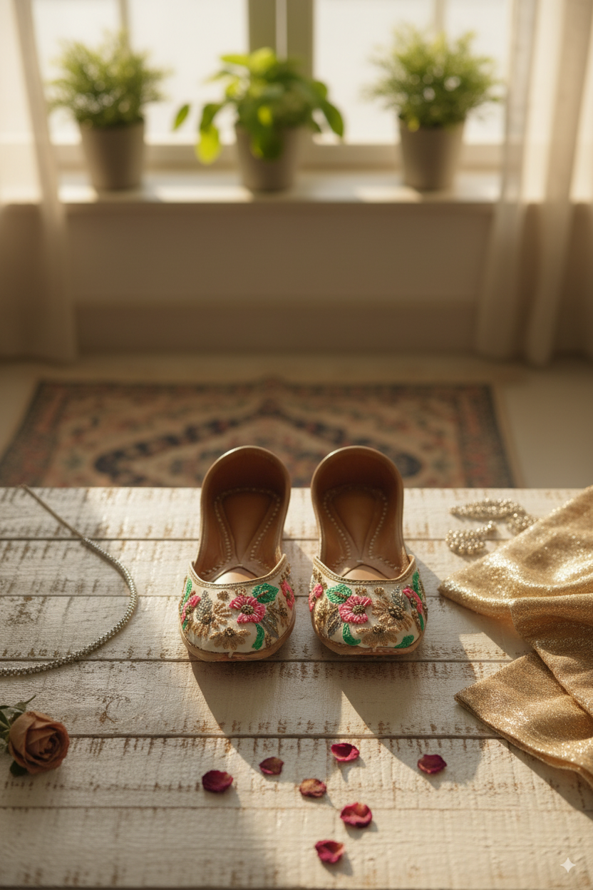 Ivory Punjabi Jutti with Multicolor Floral Embroidery