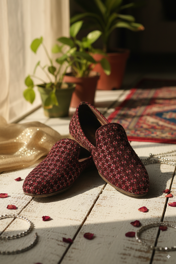 Maroon Patterned Punjabi Jutti with Fabric Finish