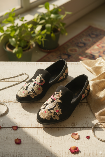 Black Velvet Punjabi Jutti with Peacock Embroidery
